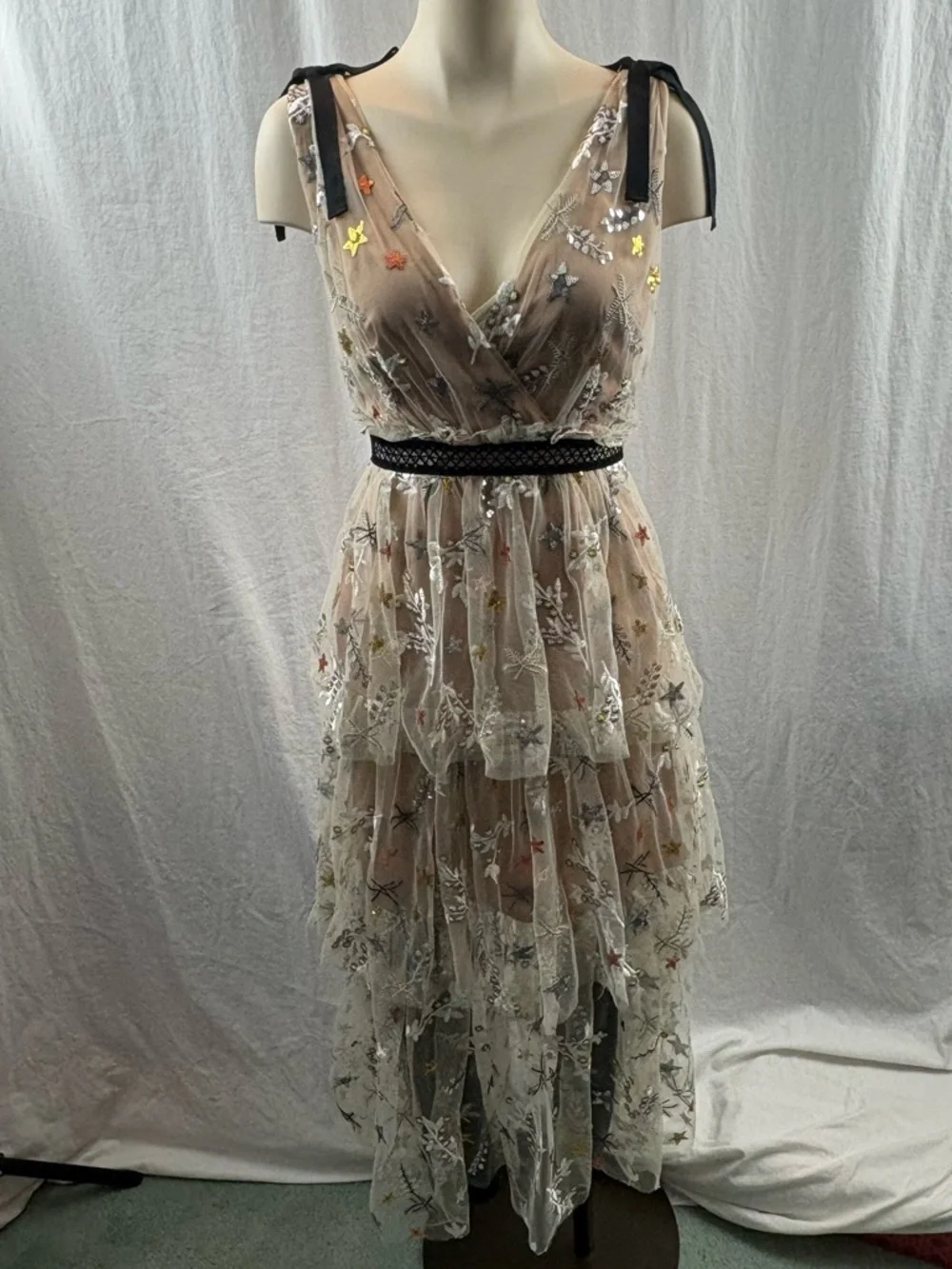 Sheer Star-Embellished Midi Dress in Nude with Black Trim 2 - Picture 6 of 16
